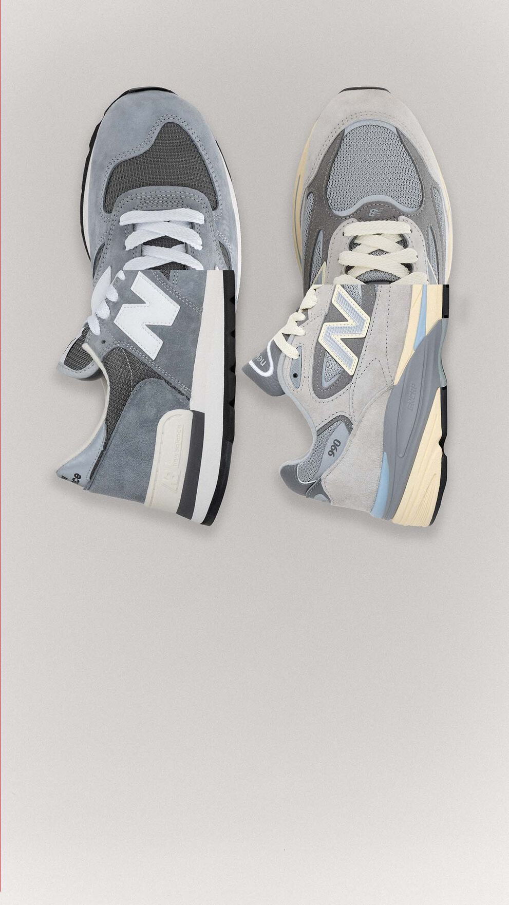 The 990v1 and 990v7 sneaker laying in a line on a grey backdrop.