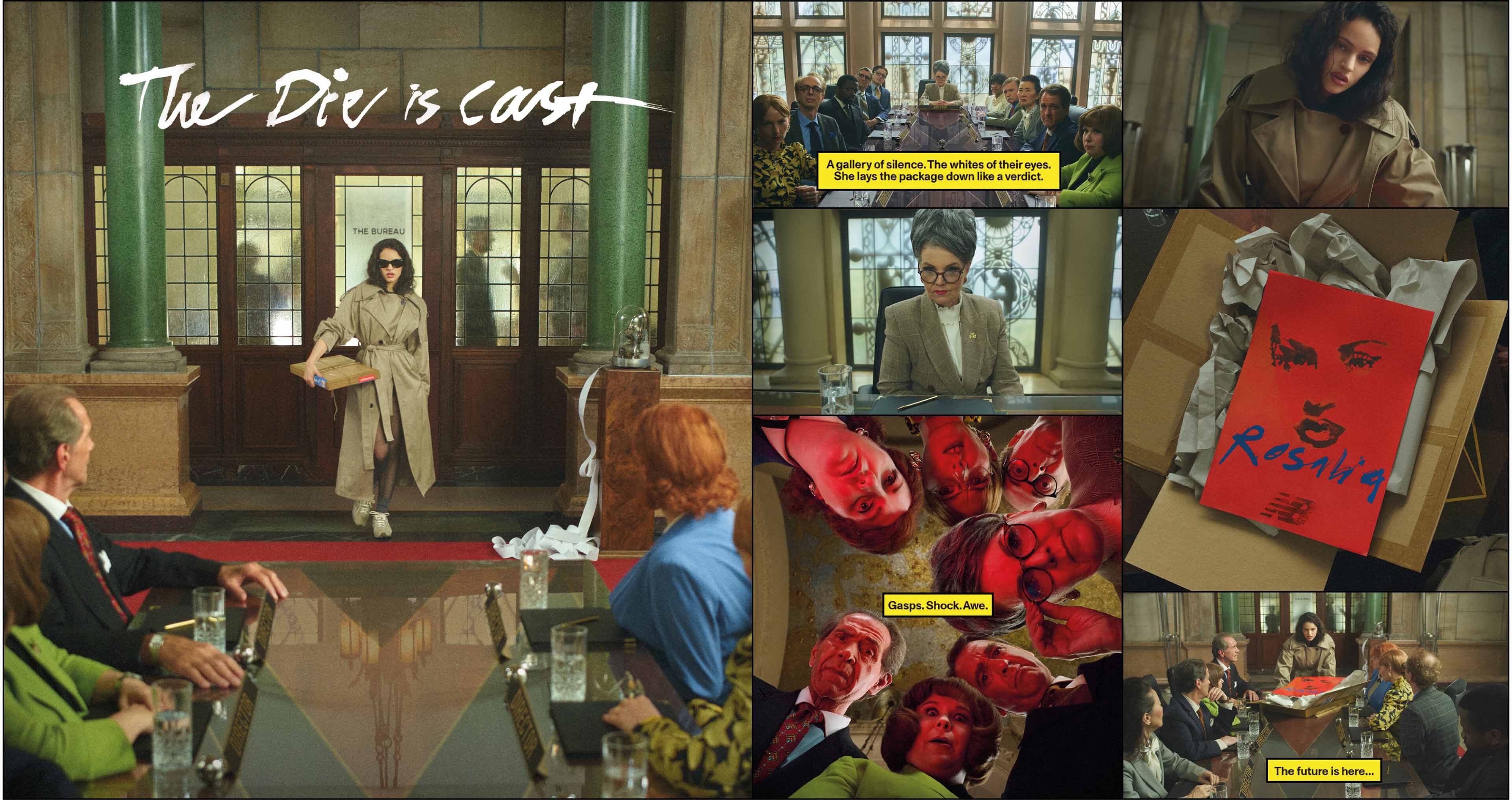 Pictures in a comic collage of Rosalía walking into a board room full of well-dressed people. She hands them a package, and they look inside to find a poster of her with the New Balance logo.